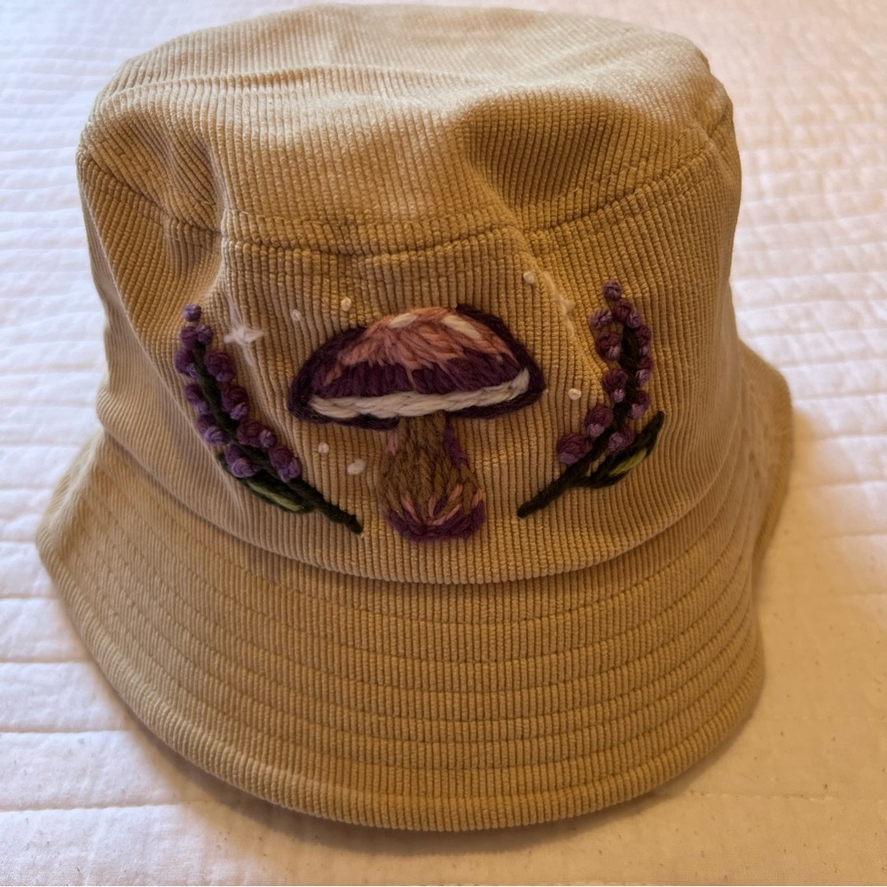 Embroidered Tan Bucket Hat with Mushroom and Lavander